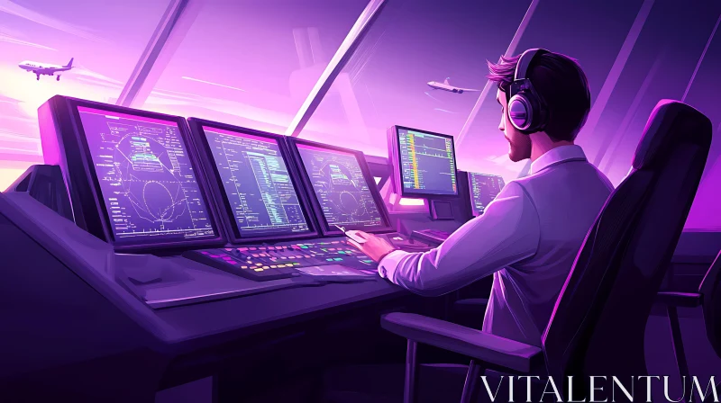 Neon Lit Aviation Control Room AI Image