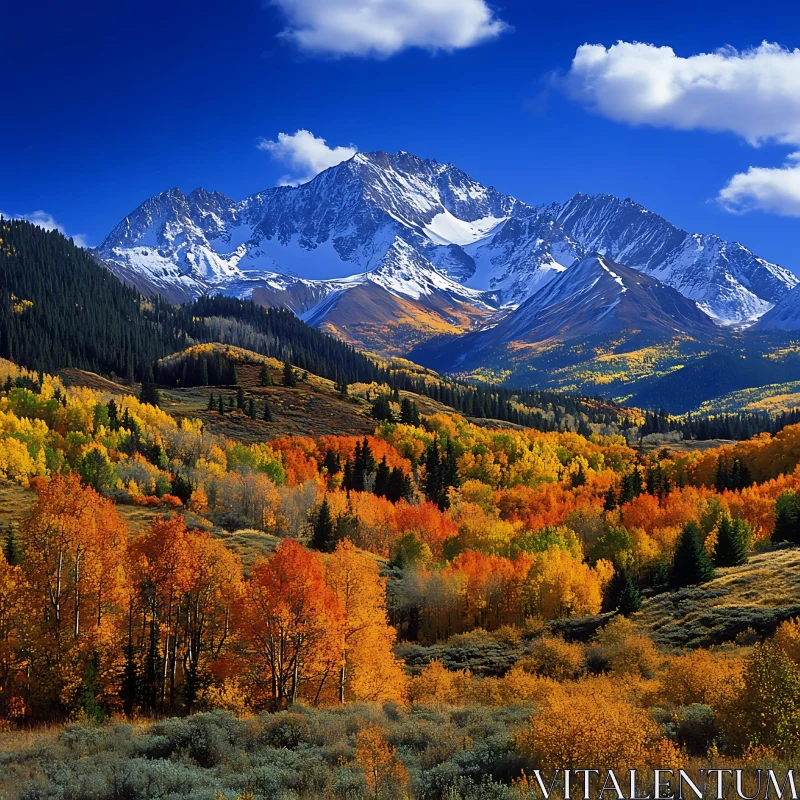 Snowy Peaks and Autumnal Forest View AI Image