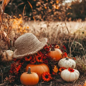 Rustic Autumn Harvest Scene with Hat