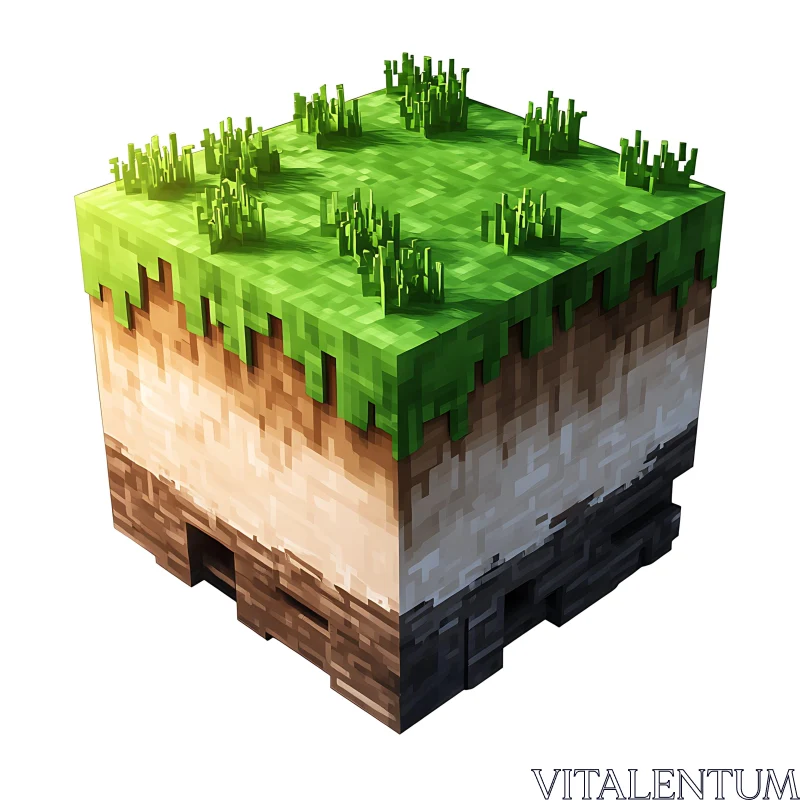 AI ART 3D Pixelated Voxel Terrain Cube with Layers of Soil and Grass