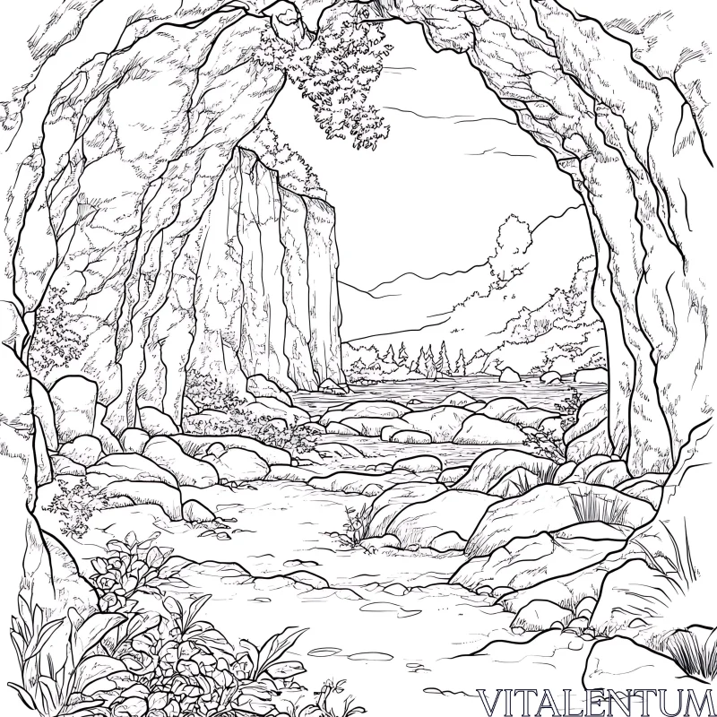 Cave Opening with Rocky Path and Trees Illustration AI Image