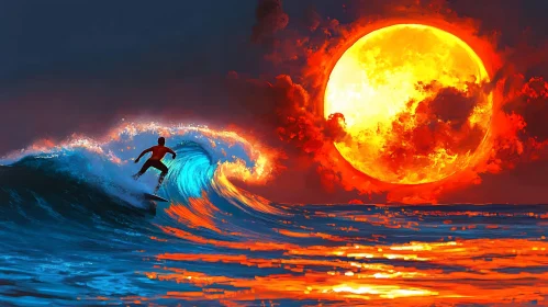 Ocean Wave Surfing Under Fiery Sunset