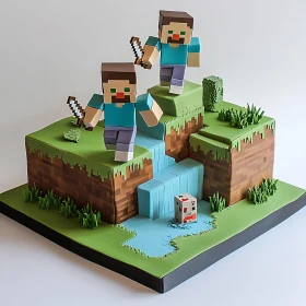 Minecraft Cake with Block Characters and Waterfall