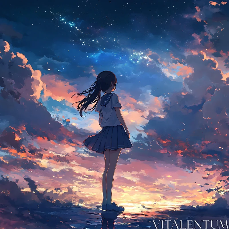 Reflective Anime Scene of Girl and Sunset Sky AI Image