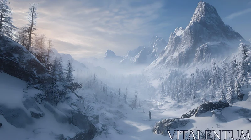 Snowy Mountain Range Winter Scenery AI Image