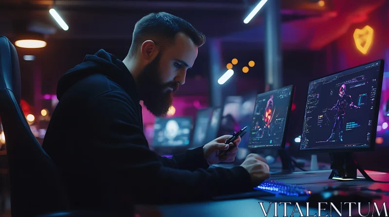 Gamer in Neon Lit Room AI Image