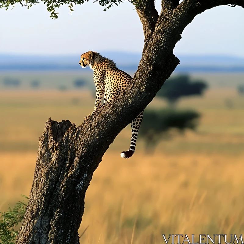 Wild Cheetah on Tree in Savannah AI Image