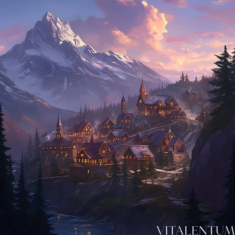 Snowy Peak Overlooks Quaint Village AI Image