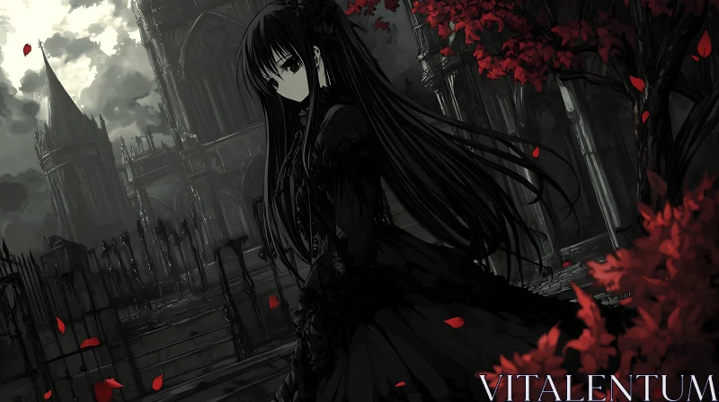 Gothic Anime Scene with Cathedral and Character AI Image