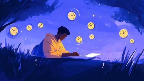 Night Reader Surrounded by Floating Clocks