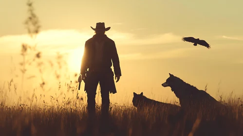 Lone Cowboy and Wolves in Golden Sunset