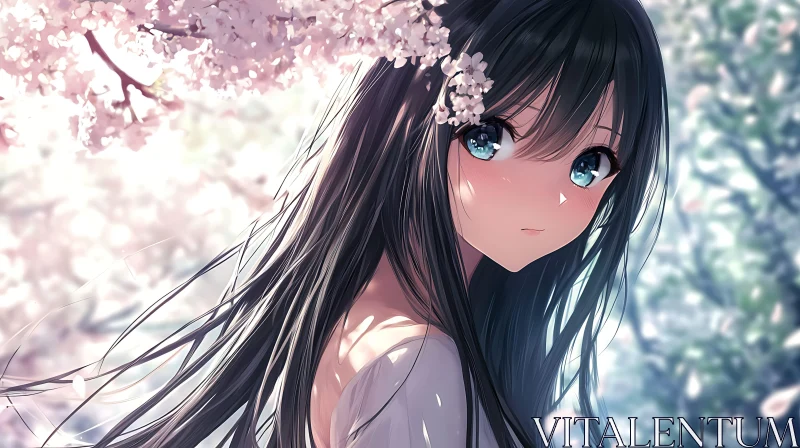 Serene Anime Girl with Cherry Blossoms AI Image