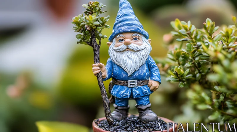 Whimsical Garden Gnome Holding Tree AI Image