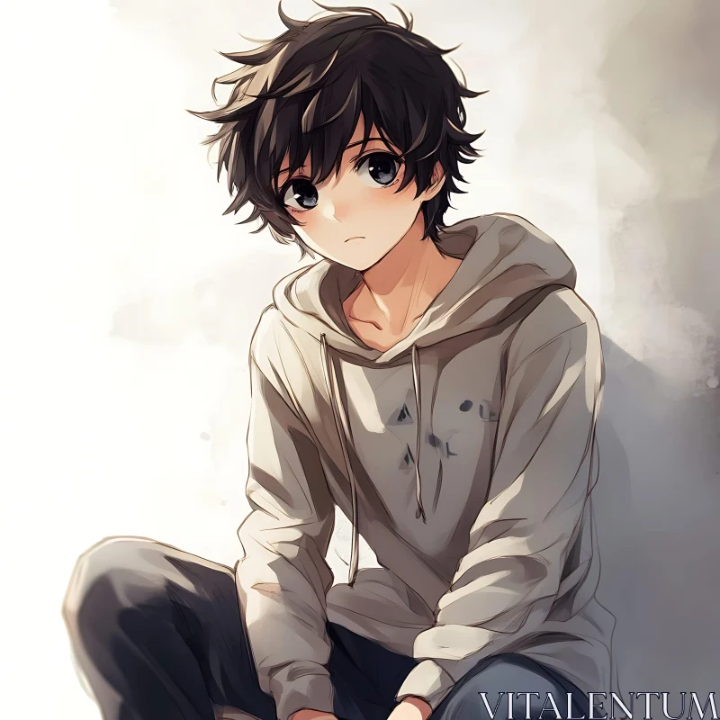 Pensive Anime Boy Sitting in Casual Hoodie AI Image