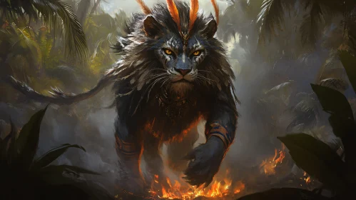 Tribal Lion Walking Through Fire