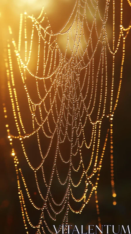 Illuminated Dewy Spiderweb at Sunrise AI Image