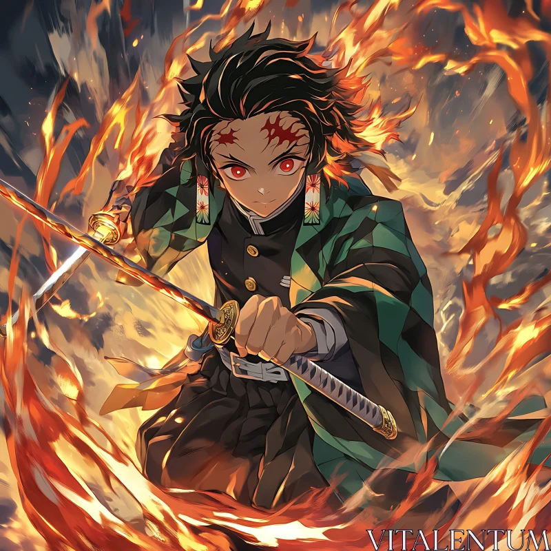 Fierce Anime Character with Flaming Sword AI Image