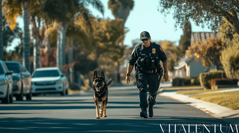 Law Enforcement Patrol with K9 Unit in Suburbia AI Image