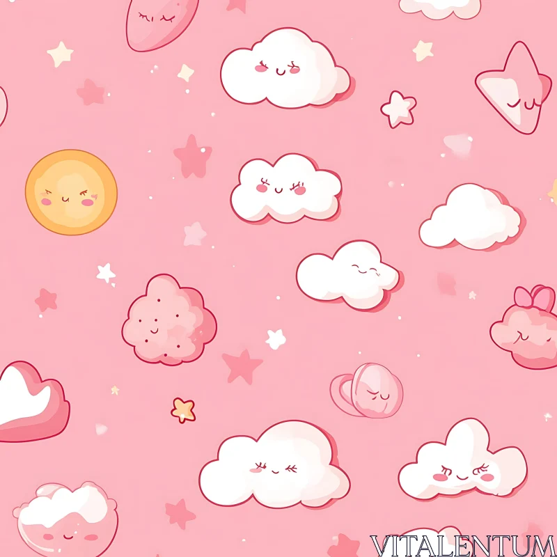 Whimsical Cloud and Star Cartoon Pattern AI Image