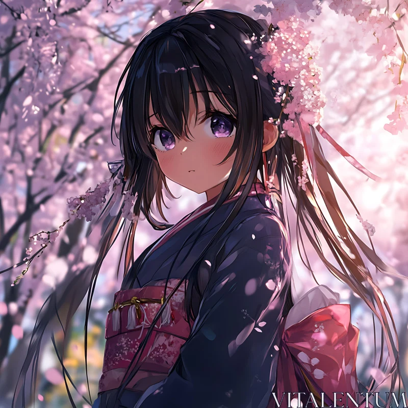 Anime Girl with Purple Eyes amidst Spring Blossom AI Image