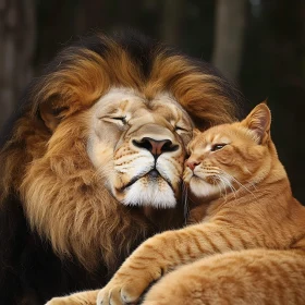 Unlikely Friends: Lion and Cat Embrace