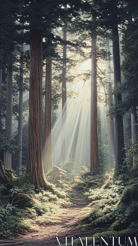 Mystical Sunlit Forest Path AI Image