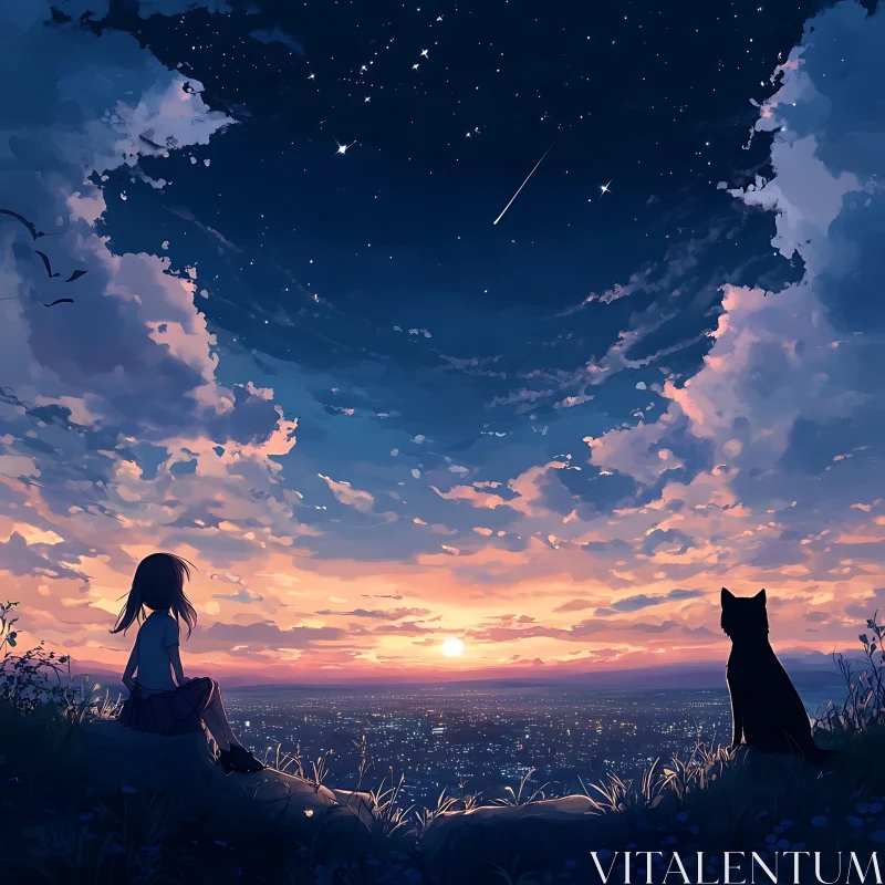 Girl and Cat Watching the Sunset AI Image