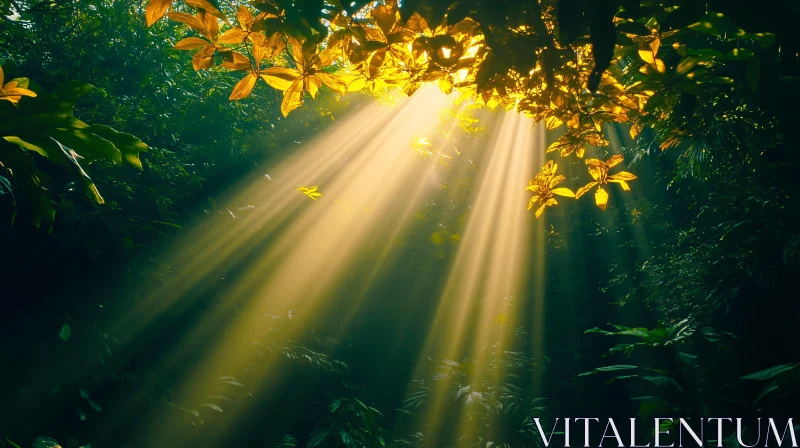 AI ART Golden Sun Rays in a Lush Green Forest