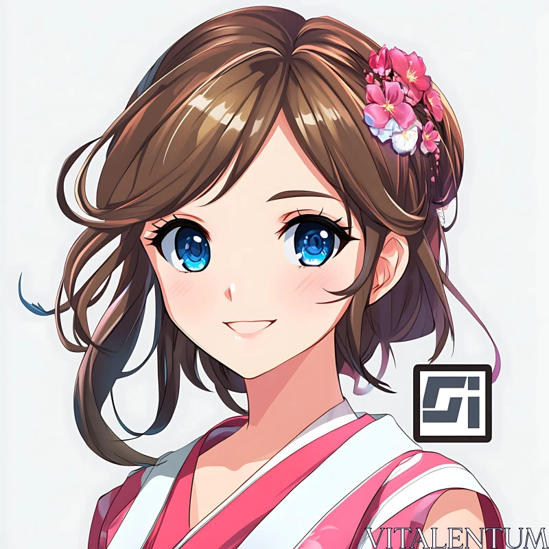 Anime Girl with Flowers in Hair and Kimono AI Image