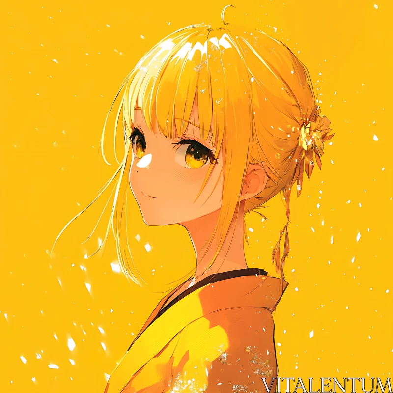 Anime Girl with Yellow Hair and Flower Accessory AI Image