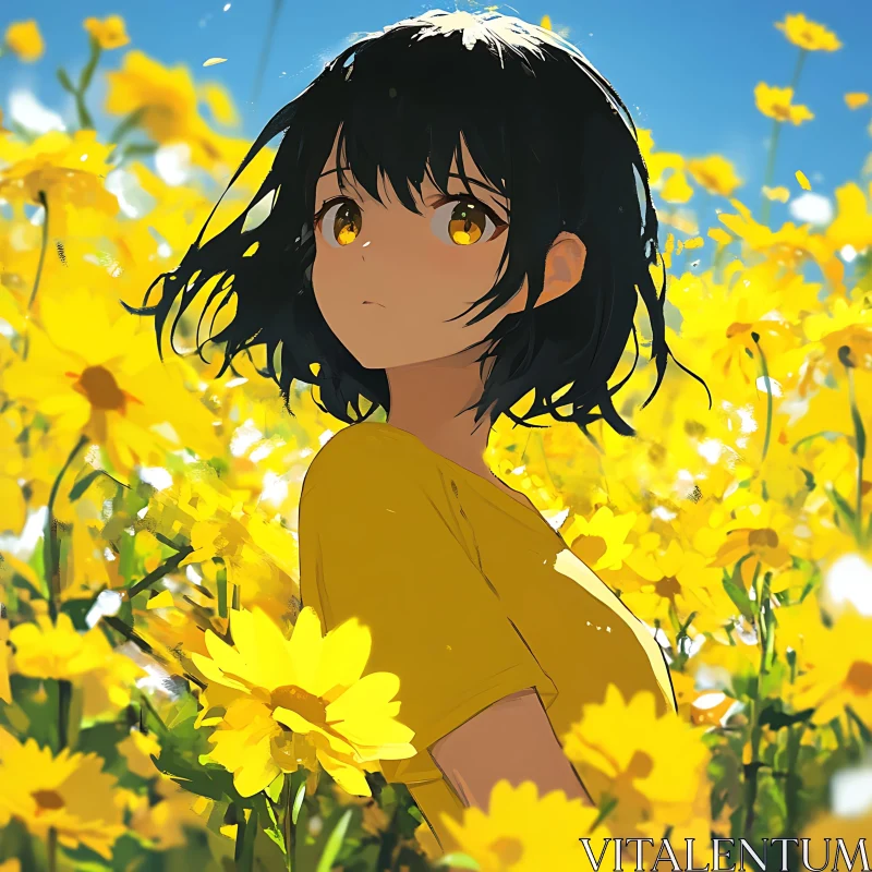 Girl with Black Hair in Sunny Yellow Field AI Image