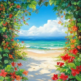 Tropical Beach with Red Flowers