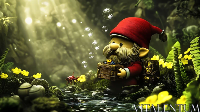 Gnome in Sunlit Forest with Bubbles AI Image