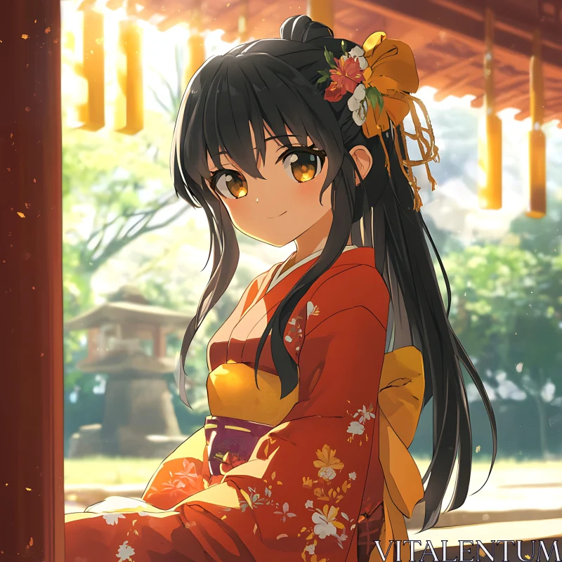 Serene Anime Portrait of Traditional Kimono Girl AI Image