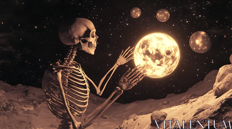 AI ART Lunar Reflection: A Skeleton's Cosmic Journey