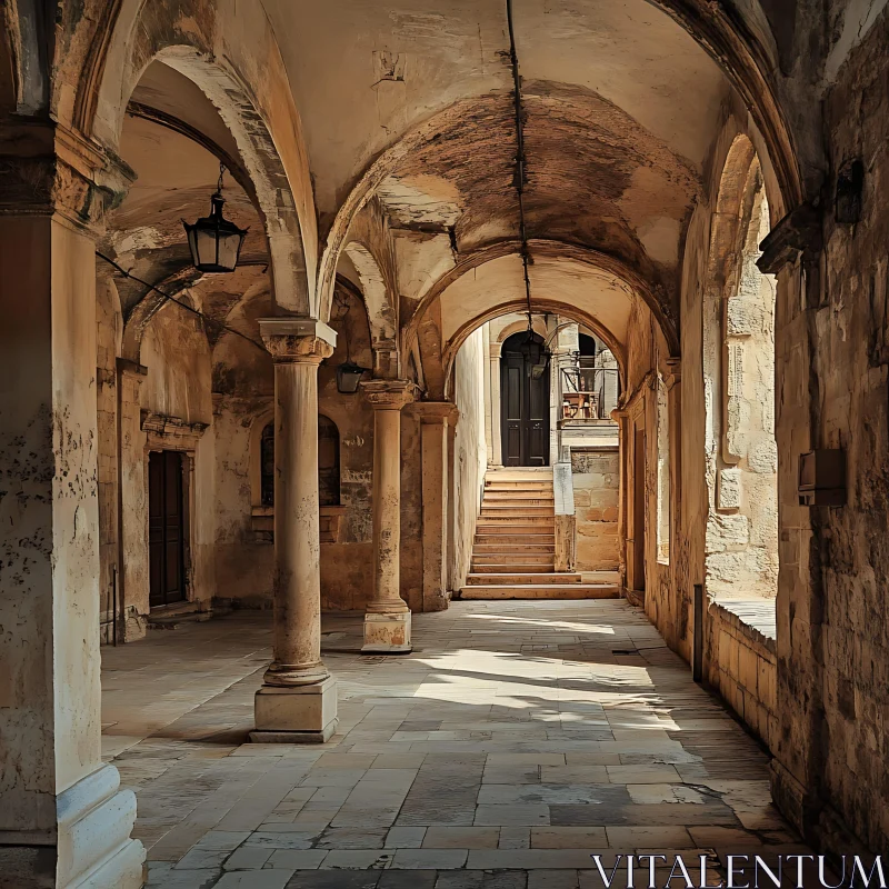 Ancient Stone Corridor with Sunlit Arches AI Image