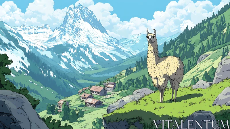 Llama Portrait in Mountain Scenery AI Image