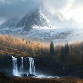 Scenic Waterfall in Snowy Mountain Scenery