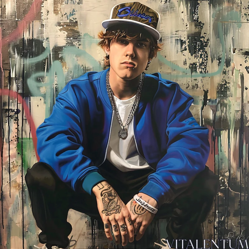 AI ART Justin Bieber in Blue Jacket Against Graffiti