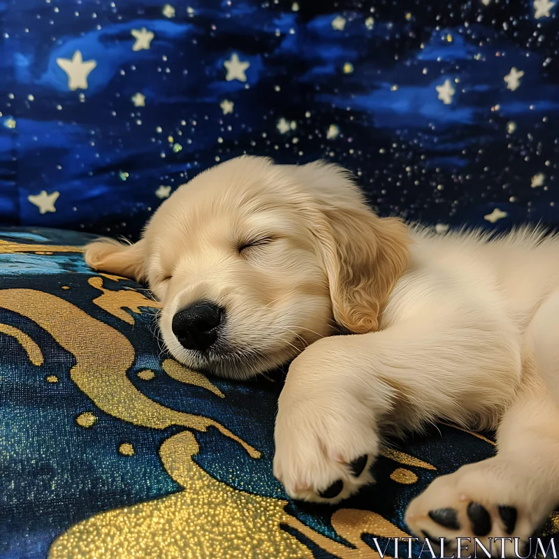 Adorable Puppy Dreaming in a Starry Cosmic Setting AI Image