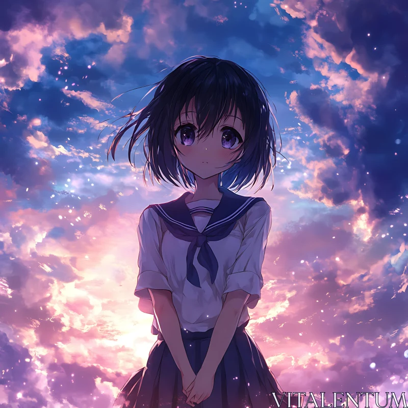 Enchanting Anime Girl Against Sunset AI Image