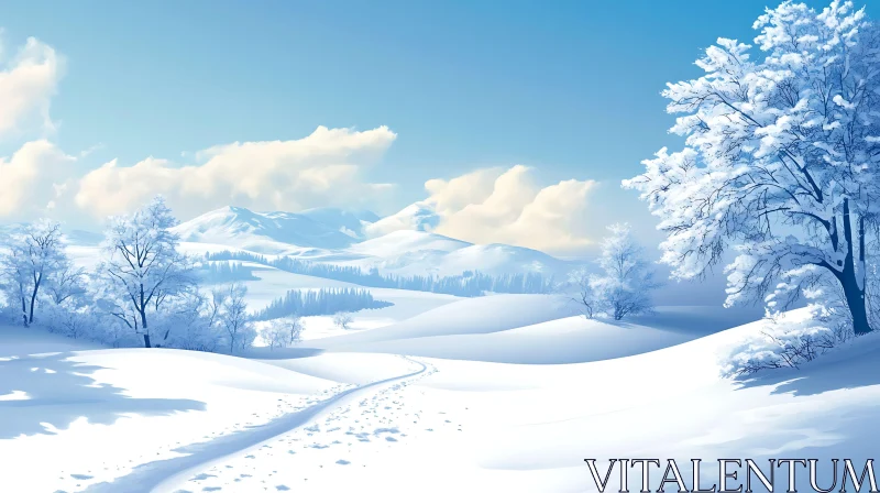 Serene Snowy Hills and Trees in Winter AI Image