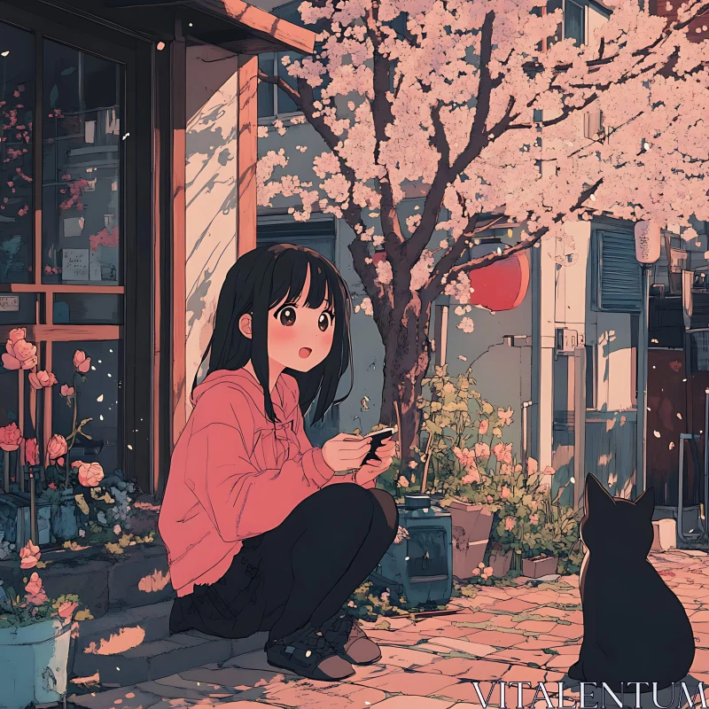 Anime Girl with Cat on Cherry Blossom Street AI Image