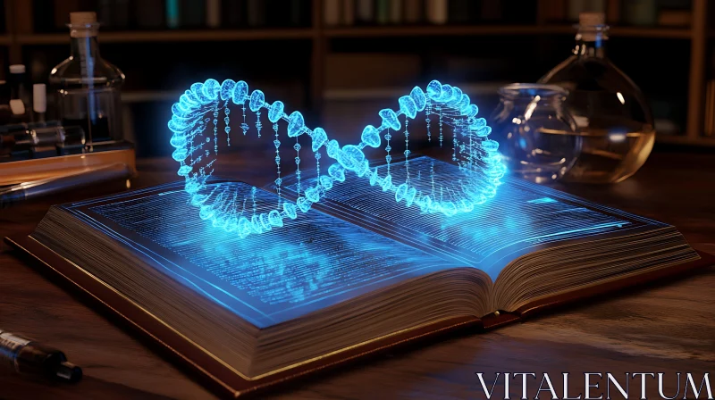 Glowing DNA over Open Book AI Image