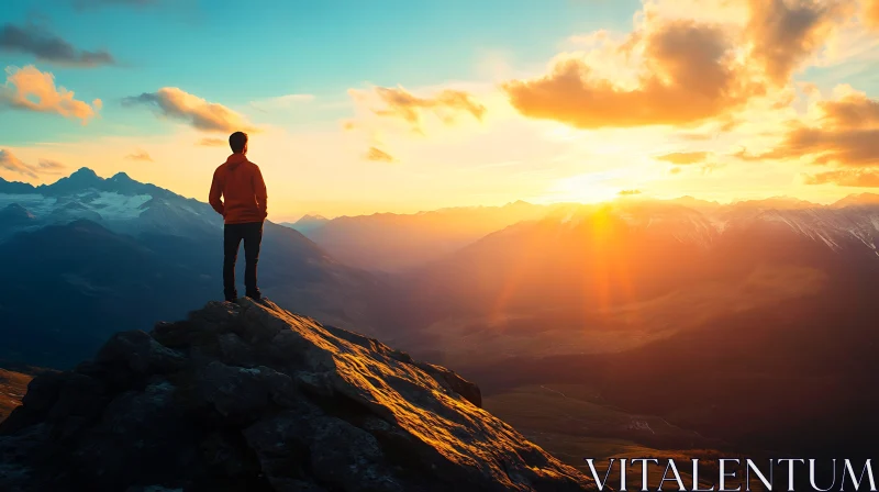 Man on Mountain Peak at Sunset AI Image