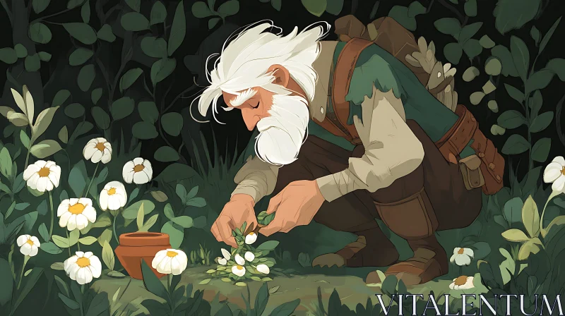 Old Man Collecting Daisies in a Field AI Image