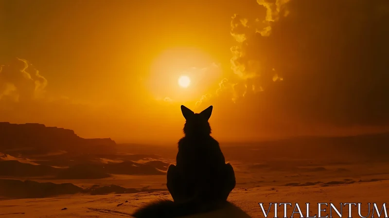 Sunset Silhouette of a Dog in Desert AI Image