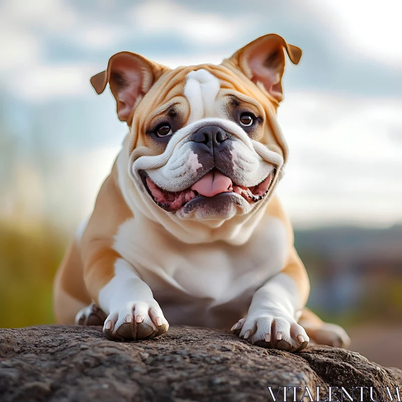 Happy Bulldog on a Rock - Outdoor Pet Portrait AI Image