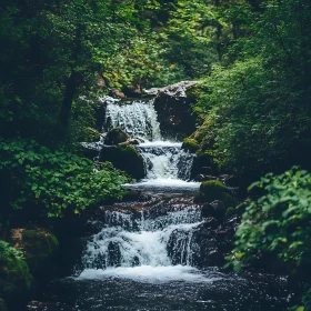 Tranquil Waterfall in a Green Forest Setting