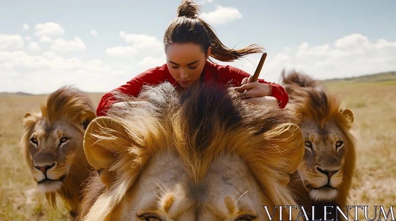 Gentle Touch: Woman with Lions AI Image